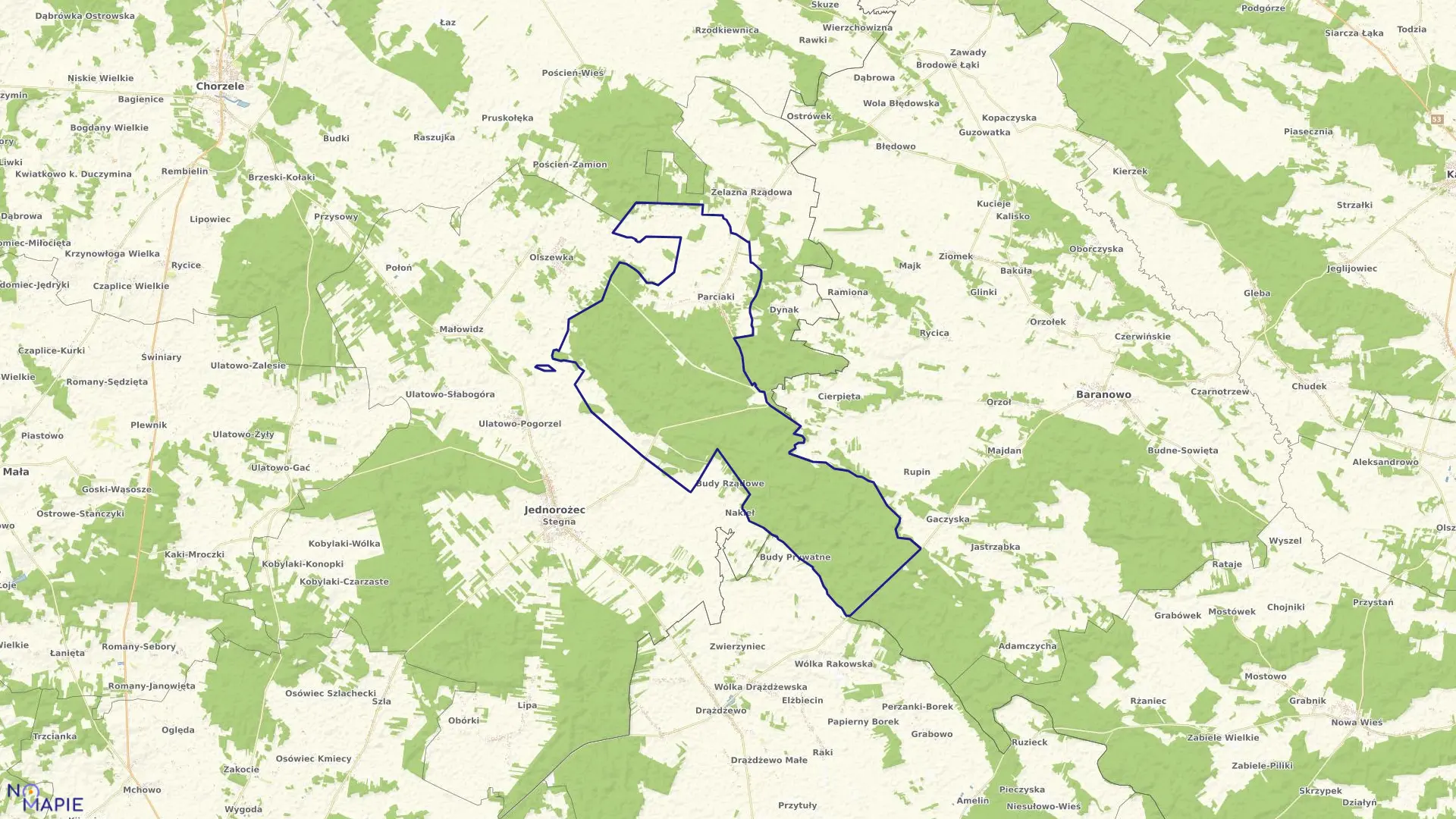 Mapa obrębu PARCIAKI w gminie Jednorożec